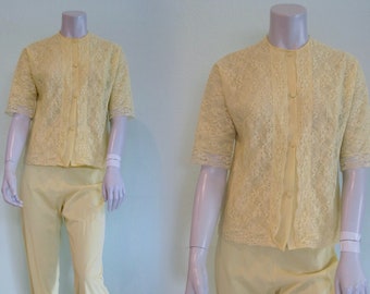 60s Lace Pajamas - Vintage Vanity Fair Yellow Nylon Pajamas - Sweetest 1960s Yellow Lace Nylon Pajama Top & Pants S