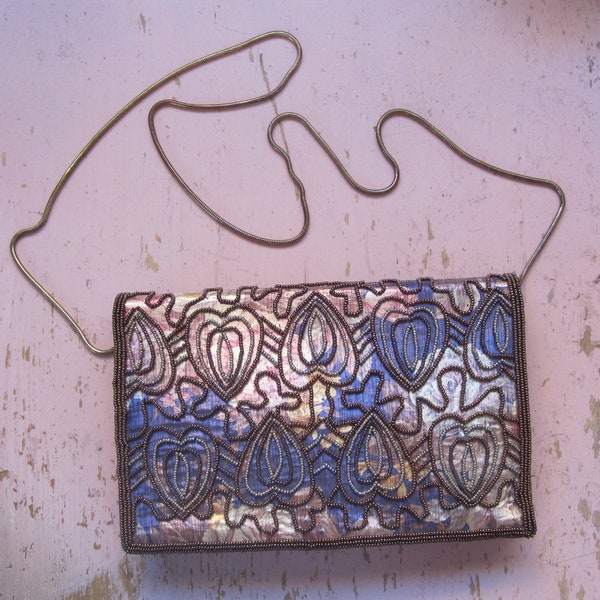 80s Magid Handbag - Vintage Beaded Floral Clutch - Prettiest 80s Bead Bag - 1980s Print Handbag