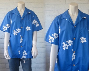 1980s Hawaiian Shirt - Vintage Blue Hawaii Floral Mens Shirt by Sidan - Classic Hawaiian Button Up Shirt - Vintage 1980s Shirt M L