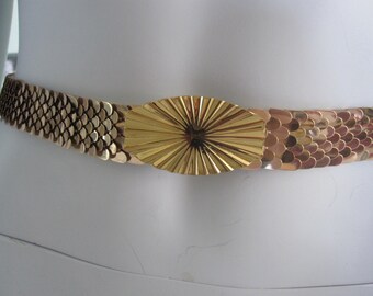 Vintage gold metallic and red stretch belt with geometric clasp