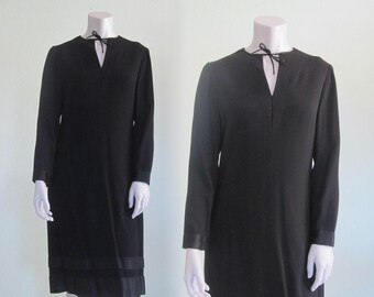 60s Aurora Ruffolo Dress - Chic Mid Century Tie Neck Black Dress - 1960s Black Crepe Dress - Vintage Mod Dress S M