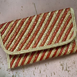 Summer Straw Clutch - Vintage 60s Woven Summer Clutch Striped Bag - Gorgeous 1960s Rattan Purse Made in Hong Kong