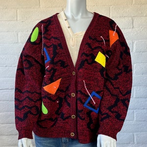 80s Red Black Cardigan - Vintage Cherry Stix Marled Knit