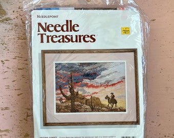 90s Needlepoint Kit - Vintage Needle Treasures Craft Kit Arizona Sunset - 1990s Southwestern Cross Stitch Kit Cowboy Cactus Unused Unopened