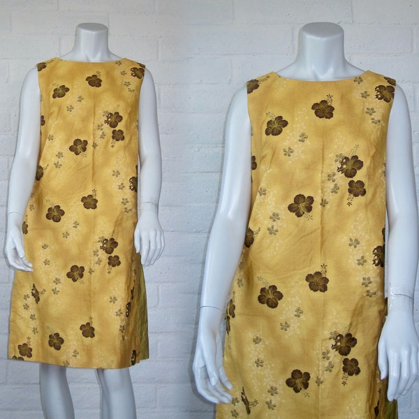 60s Hawaiian Dress - Vintage Golden Yellow Floral Shift by Royal Hawaiian - Cute 1960s Tropical Mod Shift Dress M