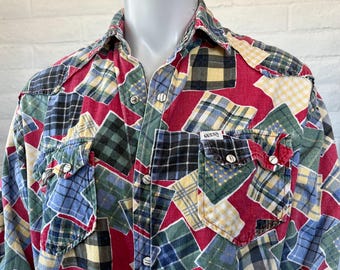 90s GUESS Snap Shirt - Vintage 1990s Patchwork Print Blouse Pearly Snaps Georges Marciano Western Style M