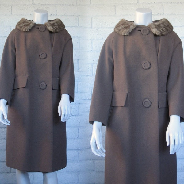 50s Worsted Wool Coat - Mid Century Cocoa Brown Wool Coat Fur Collar - Glam 1950s Winter Coat - Vintage Wool Coat M