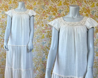 70s White Gauze Dress - Vintage Boho Cream Cotton Maxi Dress by Two Potato - Pretty 1970s Caftan Dress w Crochet Trim XS S