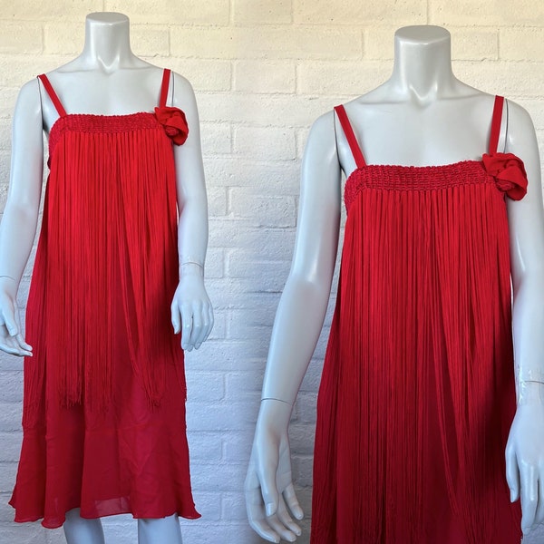 Vintage Fringed Flapper Dress - Glam 80s does 20s Style Dress - 1980s Red Flapper Style Dress with Long Fringe M L