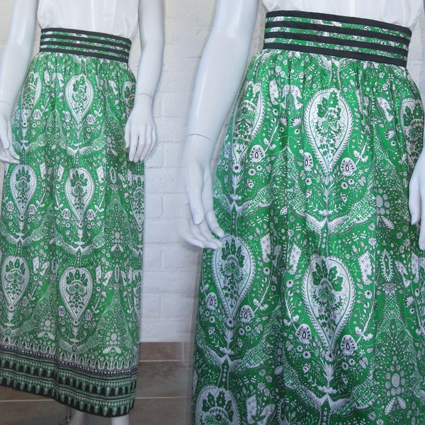 60s Maxi Skirt - Vintage Lanz Green Paisley Skirt - Glam 1960s Princess Skirt with Ribbon Trim Waist S