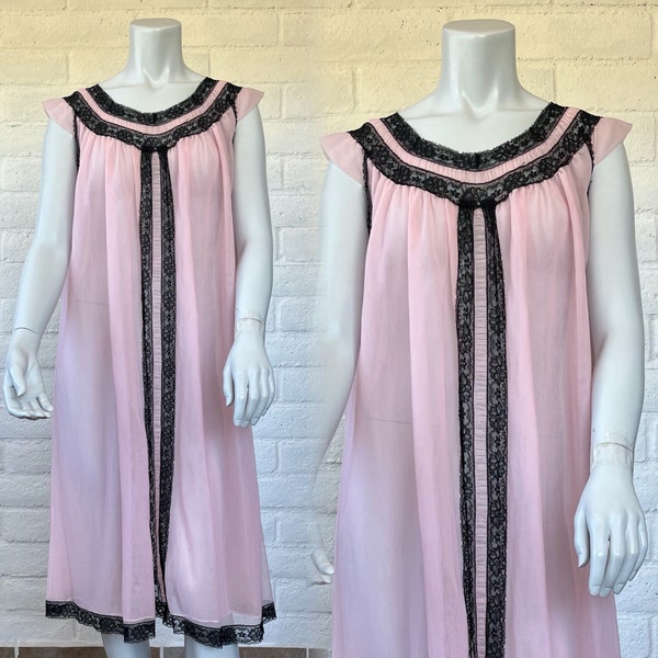 60s Pink Nightgown - Vintage Sheer Nylon Babydoll Night Gown Black Lace Trim - Cute 1960s Baby Doll Nightie S M L AS IS