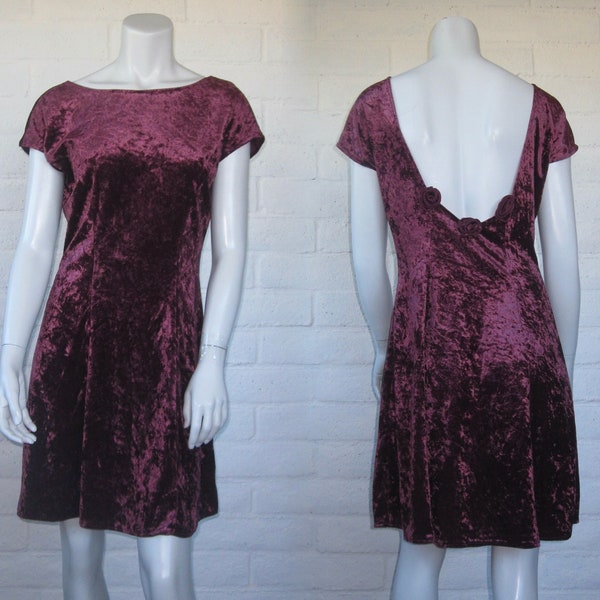 90s Velvet Dress - Vintage All That Jazz Burgundy Velvet Dress with Low Cut Back - Glam 1990s Mulberry Mini Dress M