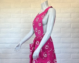 80s Apron Dress - Vintage Hot Pink Pinafore New Wave Print - Adorable 1980s Pink Cotton Sundress Swirly Pattern M L