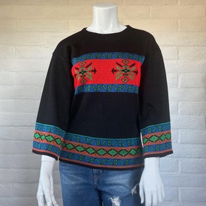 70s Southwestern Inspired Sweater - Vintage Monarch Knits Boho Top - Cozy 1970s Black & Red Pullover Bell Sleeves S