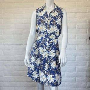 Rayon Floral Dress - Vintage 90s Banana Republic Sleeveless Dress - 1990s Blue Floral Button Up Sundress 40s Style Vibes S M