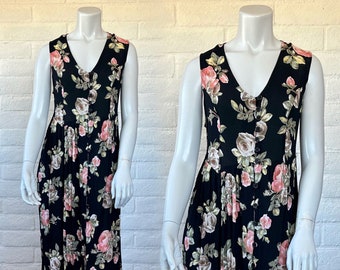 90s Black Floral Dress - Vintage Button Up Market Dress Soft Crinkly Rayon - 1990s Black Grunge Sundress S M