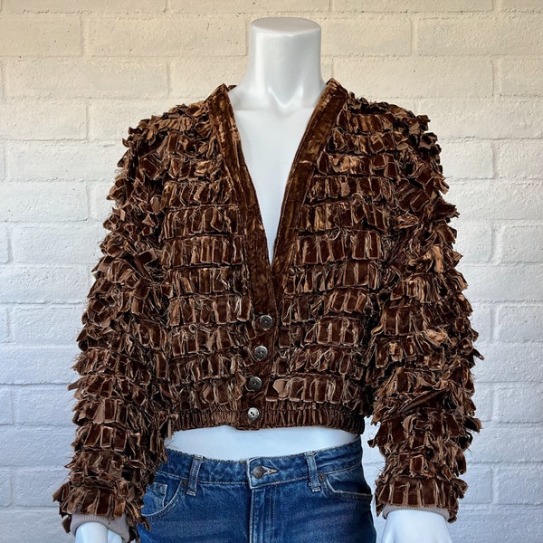 90s Velvet Fringed Jacket - Vintage Brown Velvet Shag Jacket by Duo Designs - Glam 1990s Fringe Cropped Jacket Santa Fe Designer M