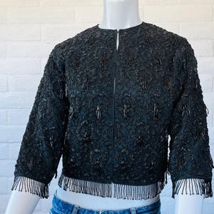 Black Beaded Sweater - Vtg Mid Century 50s Saks Fifth Avenue Jet Black Beaded Jacket - Vintage 1950s Bead Cardigan Bolero XS S