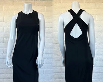 90s Black Tank Dress - Vintage Minimalist Maxi Dress w Strappy Back - Chic 1990s Express Tricot Black Sundress S M