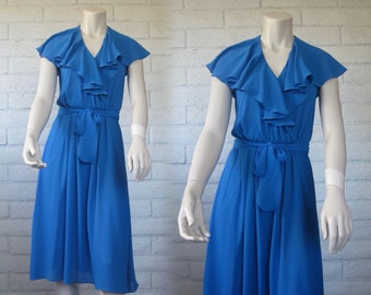 80s Cobalt Blue Dress - Vintage Ruffled Dress with Wrap Bodice by Act I - Pretty 1980s Blue Midi Dress S M