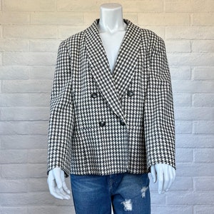 80s Pendleton Wool Jacket - Vintage 1980s Houndstooth Double Breasted Jacket Cream & Gray M L