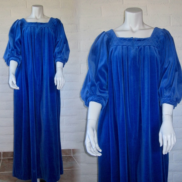 80s Velour Robe - Vintage Royal Blue Plush Robe Zip Front - Coziest 1980s Velvet Robe w Zipper Front by Ariel M L