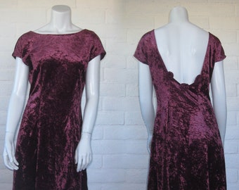 90s Velvet Dress - Vintage All That Jazz Burgundy Velvet Dress with Low Cut Back - Glam 1990s Mulberry Mini Dress M