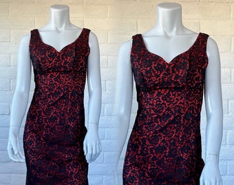 50s Lace Cocktail Dress - Mid Century Emma Domb Red & Black Dress w Fishtail Hem - Vintage 1950s Black Lace Evening Dress XS S