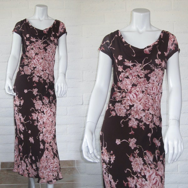 1990s Bias Cut Dress - Vintage Rose Print Rayon Dress - Beautiful 90s does 30s Brown Floral Maxi Dress by Nostalgia M