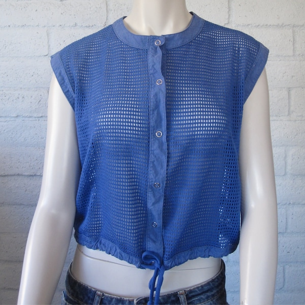 80s Fishnet Top - Vintage Sheer Blue Mesh Sleeveless Shirt w Drawstring Waist - See Thru 1980s Blue Net Top S