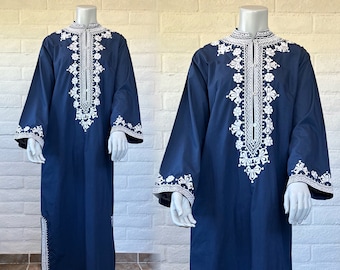 70s Embroidered Caftan - Vintage Navy Blue Kaftan Dress with White Embroidery - Boho 1970s Blue Maxi Dress M L