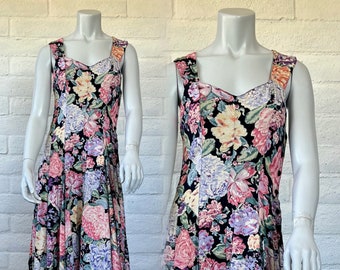 90s Starina Sundress - Vintage Black Floral Rayon Dress Side Button - Pretty 1990s Rayon Sundress S