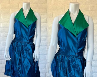 90s Prom Dress - Vintage Green & Blue Taffeta Halter Dress - Glamorous 1990s Halter Gown w Full Skirt and Low Back M L nwt