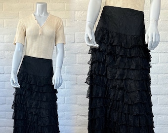 Vintage Marrika Nakk Skirt - Gorgeous 00s Tiered Ruffled Black Lace Skirt - Y2k Lace Maxi Skirt M