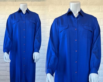 80s Silk Shirtdress - Vintage Cobalt Blue Silk Dress - Gorgeous 1980s Shirt Dress Button Up Style The Talbots Label M