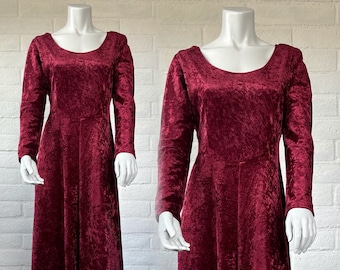 90s Velvet Dress - Vintage All That Jazz Burgundy Velvet Midi Dress - Chic 1990s Crushed Velvet Red Dress M