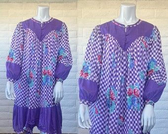 70s Indian Cotton Dress - Vintage India Cotton Midi Dress Purple Checks + Floral - Boho 1970s Caftan Dress w Yoke Top M