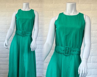 80s Jim Thompson Silk Dress - Vintage Emerald Green Silk Sundress w Wide Belt - Glam 1980s Sleeveless Dress Thai Silk S M