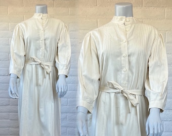 80s Cream Silk Dress - Vintage Nubby Silk Ivory Shirt Dress w Matching Belt - Elegant 1980s White Henley Dress L XL