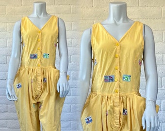 90s Yellow Jumpsuit - Vintage Baggy Cotton Jumpsuit with Cute Patches - Cute 1990s Ladies Romper Loose Fit Sleeveless XS S