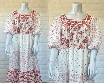 70s Ramona Rull Dress - Vintage Boho Mirrored Caftan Dress in Rust and White - Boho 1970s Cotton Tent Dress S M L