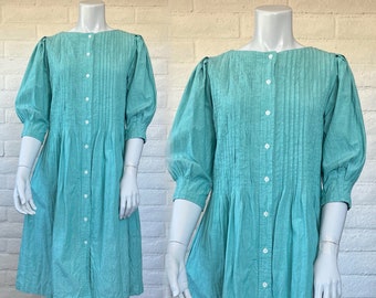 90s Teal Cotton Dress - Vintage Pintucked Prairie Style Dress - Pretty 1990s Green Button Up Market Dress S M Petite