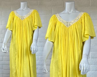 70s Gauzy Summer Dress - Vintage Yellow Gauze Dress with Crochet Neck by Chandni - Pretty 1970s Sheer Hippie Caftan os