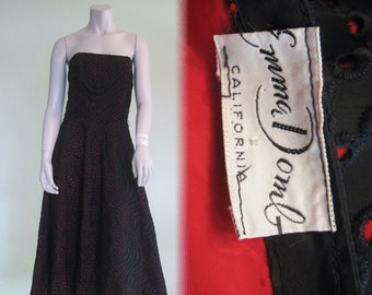 Vintage 1950s Strapless Prom Dress - Mid Century Emma Domb Black Eyelet Lace Dress w Bolero - Gorgeous 50s Black Lace Evening Gown M L