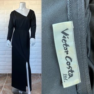 70s Victor Costa Dress Vintage Long Black Jersey Dress Sleek 1970s Black Dress w Asymmetrical Neckline & Slit Skirt M L image 1