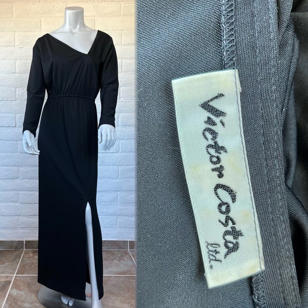 70s Victor Costa Dress - Vintage Long Black Jersey Dress - Sleek 1970s Black Dress w Asymmetrical Neckline & Slit Skirt M L