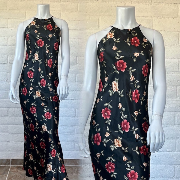 90s Black & Pink Floral Halter Dress (XS)