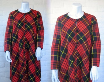 CLEARANCE 60s Plaid Coat - Vintage Swing Coat in Black and Red Plaid - Chic 1960s Lightweight Red Coat M L