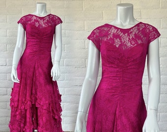 80s Pink Prom Dress - Vintage Fuchsia Lace Formal w Glam Ruffled Skirt - Gorgeous 1980s Hot Pink Lace Dress w Flamenco Skirt XS S