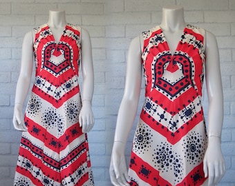 70s Julie Miller Dress - Vintage Red White & Blue Midi Dress - Cutest 1970s Pop Art Sundress S M